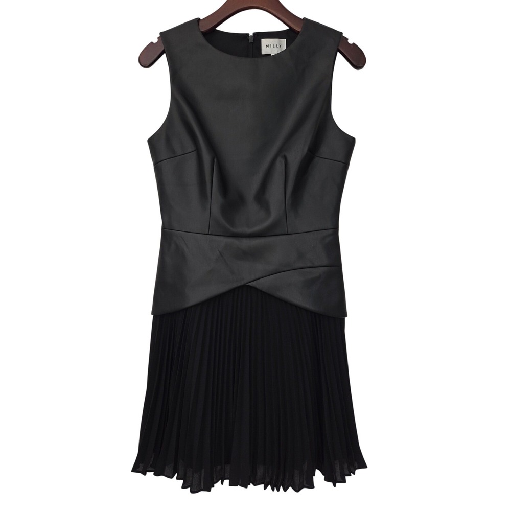 Milly Haddy Vegan Leather Pleated Combo Mini Dress Women 2 Black NWT $450 44QD13